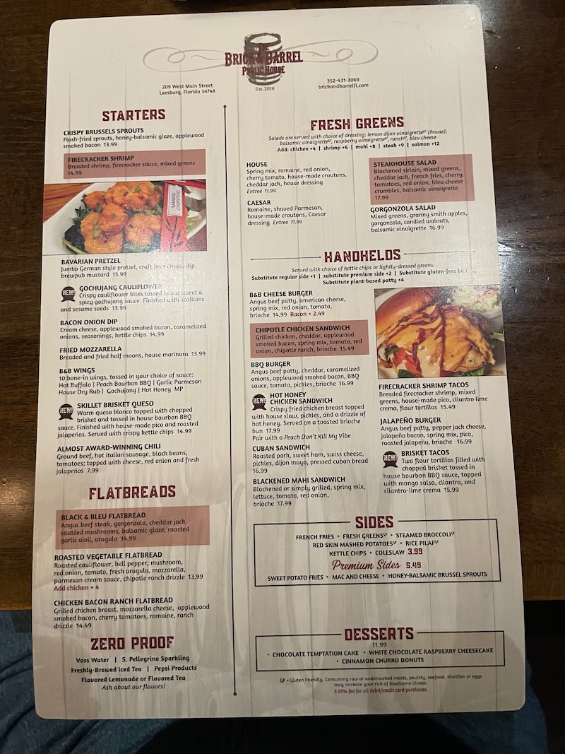 Brick and Barrel Leesburg starters and handhelds menu