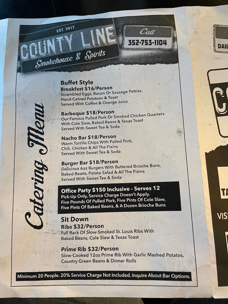 Menu featuring ribs and smoked meats