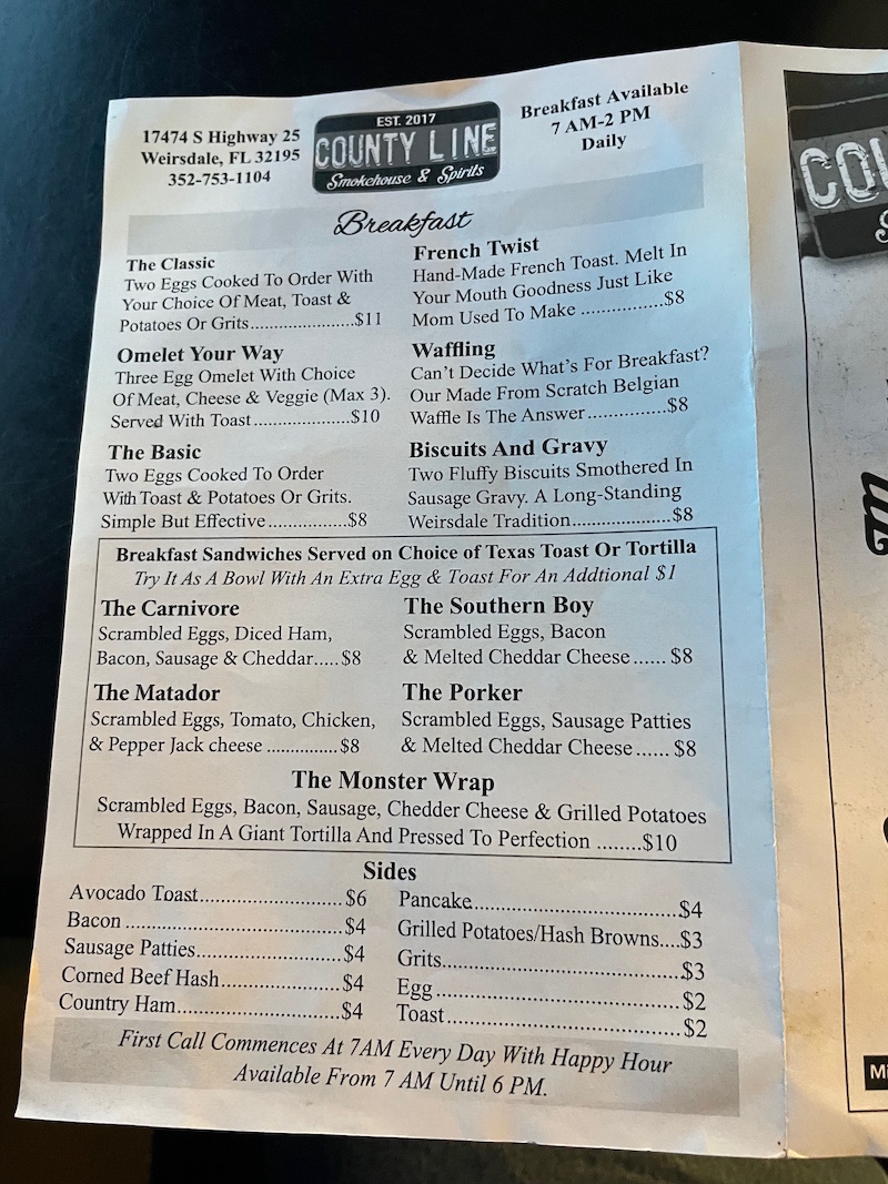Menu showing beverages and specials