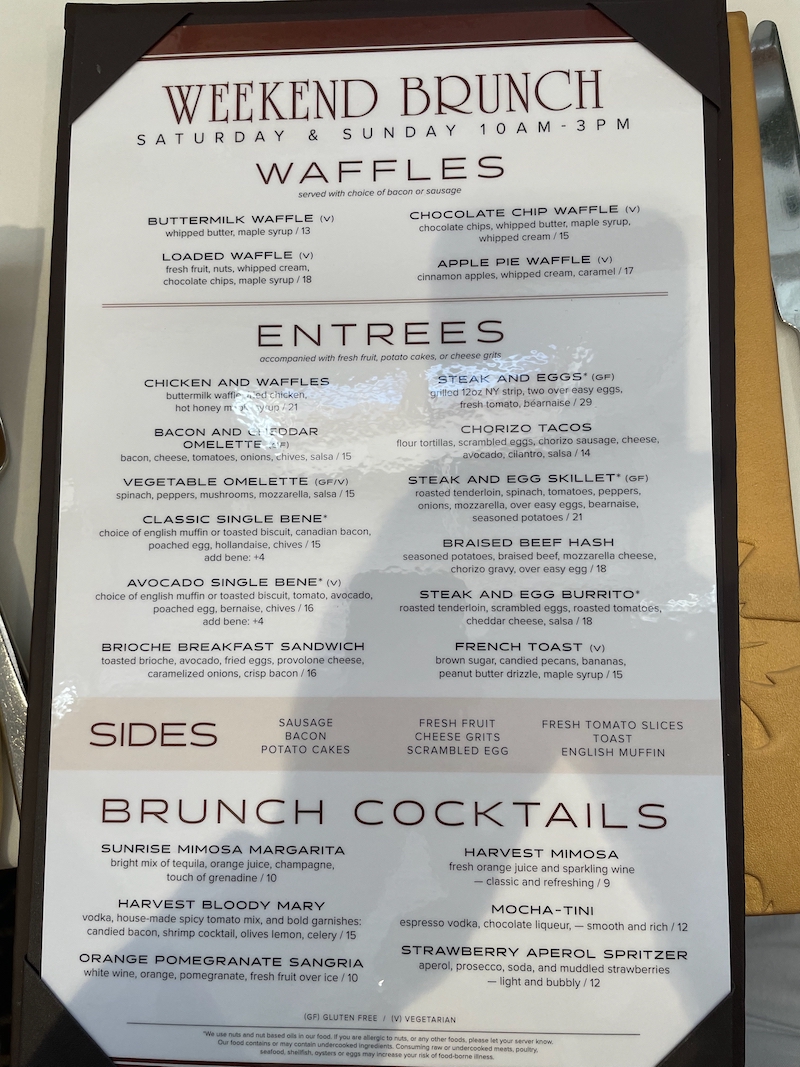 Harvest brunch menu in Brownwood The Villages