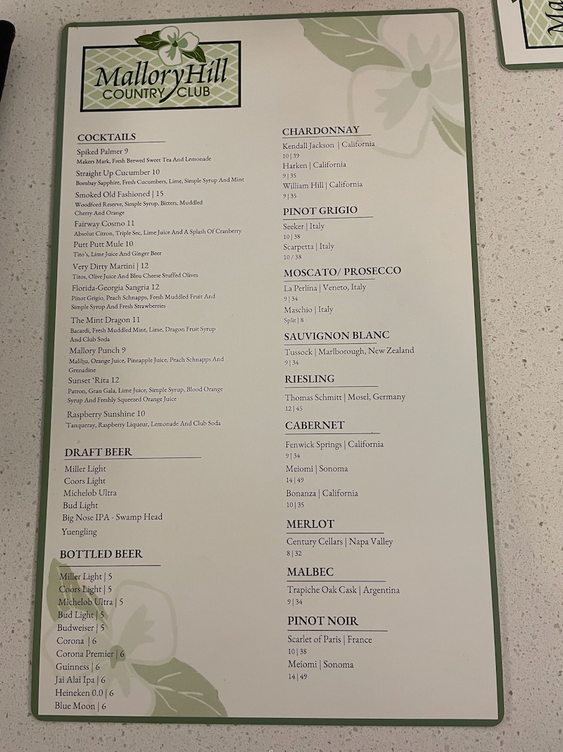 Mallory Hill Country Club drink and cocktail menu with prices