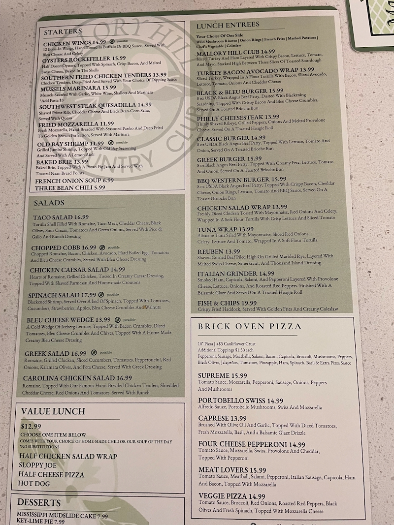 Mallory Hill Country Club lunch menu with prices including salads, burgers, brick-oven pizza, and entrées
