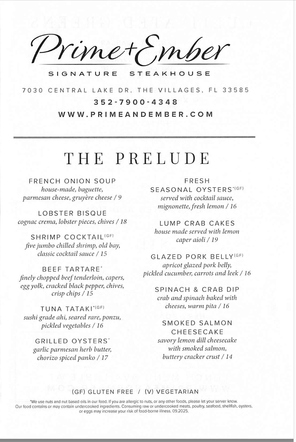 Prime and Ember appetizer menu showing soups and seafood starters