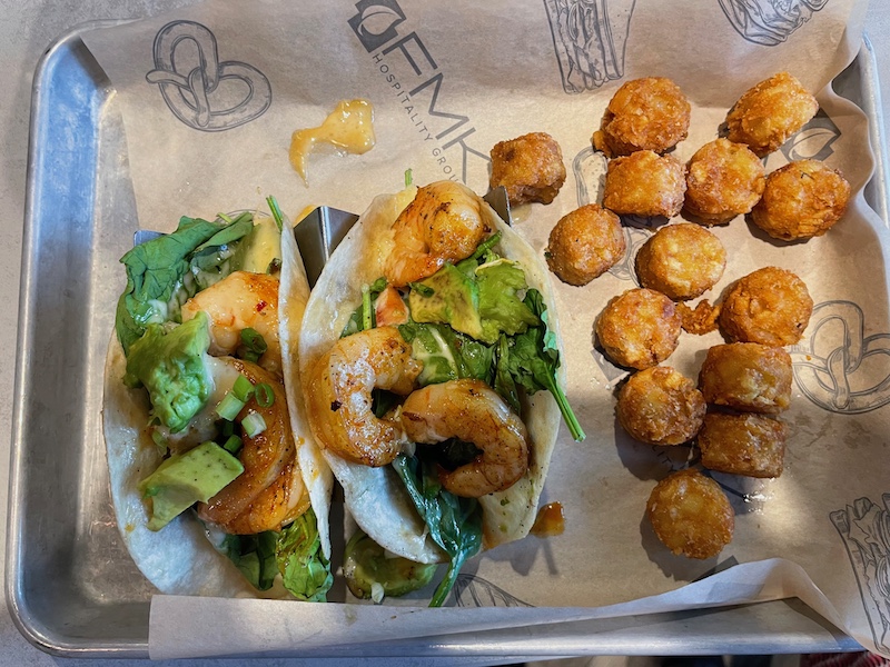 Hot honey shrimp tacos with avocado and greens at Victory Sports Grill Middleton.