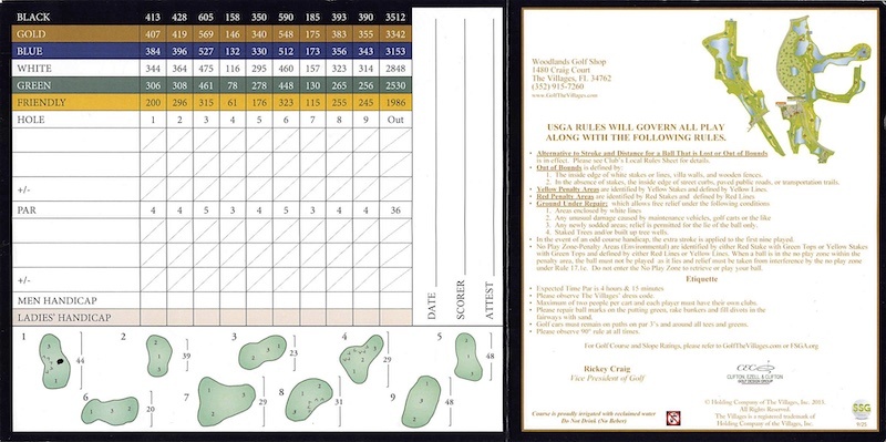 Woodlands Golf Course The Villages scorecard front nine and local rules