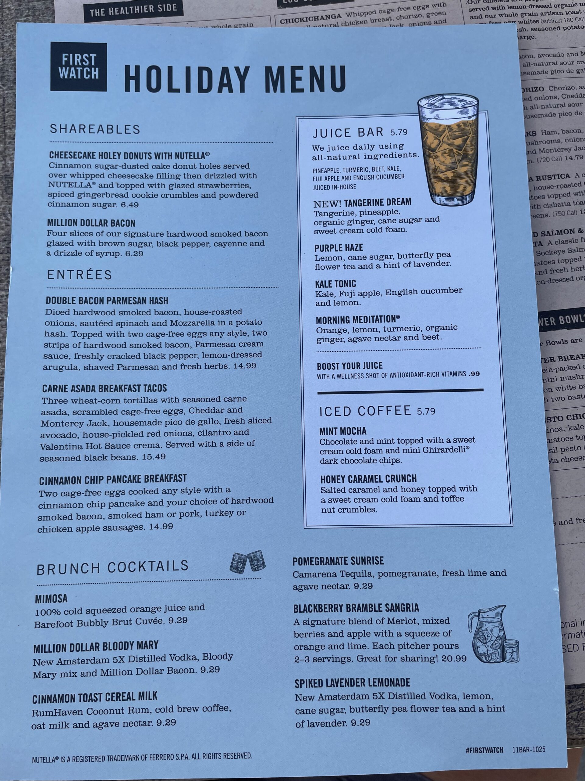 First Watch Wildwood holiday menu featuring seasonal brunch items and cocktails