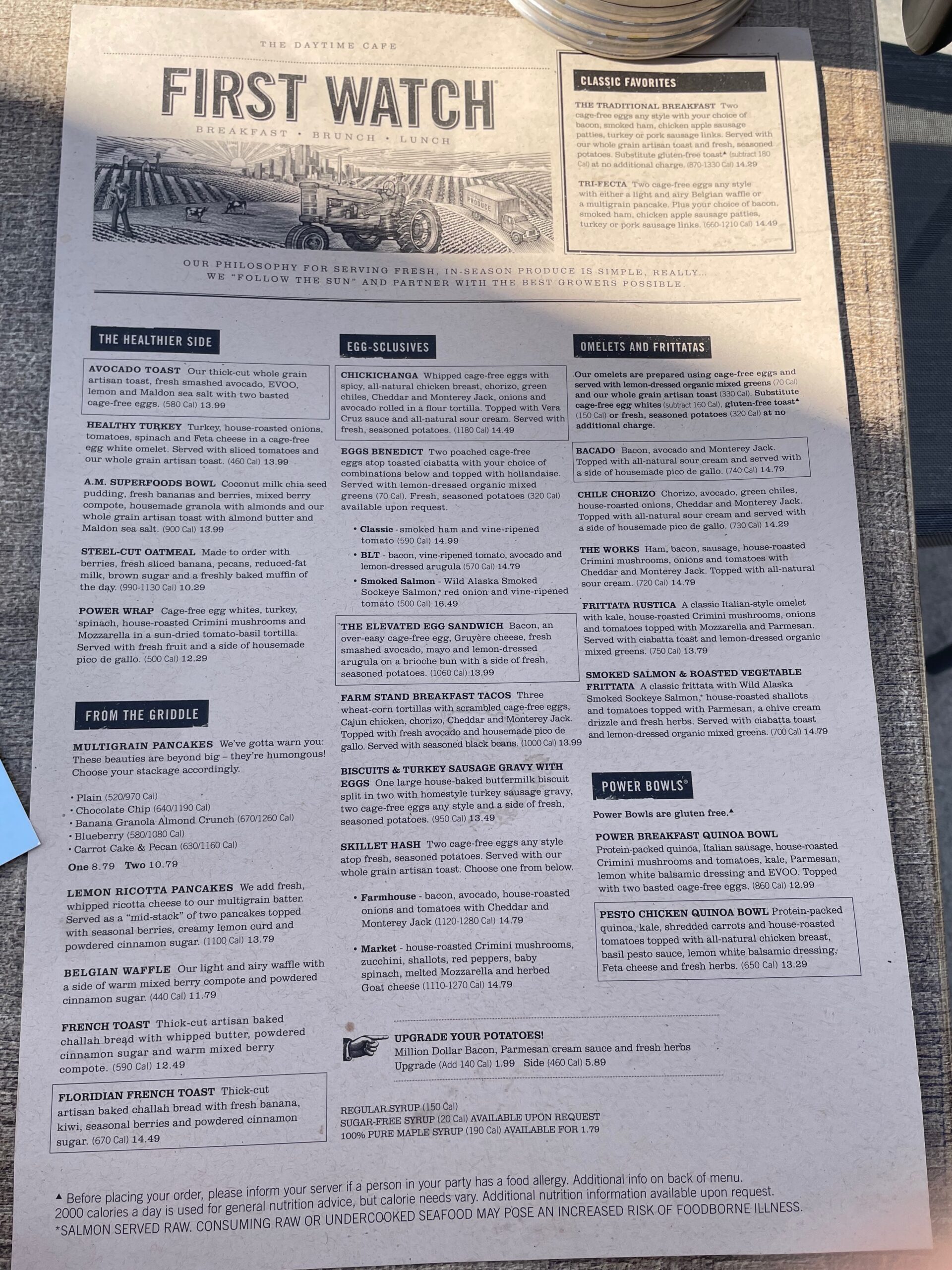 First Watch Wildwood menu showing breakfast, brunch, and lunch options