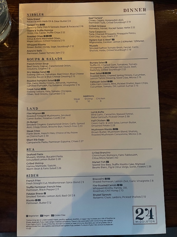24 Middleton restaurant menu