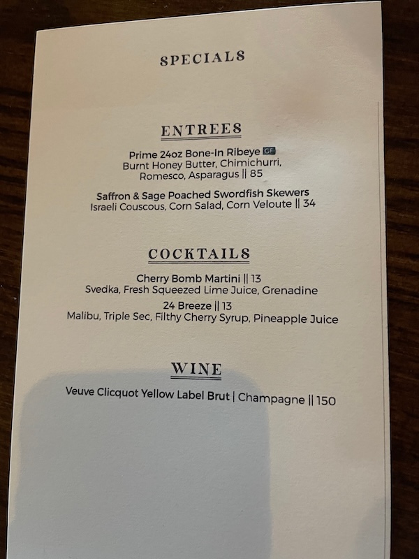 24 Middleton specials menu with ribeye
