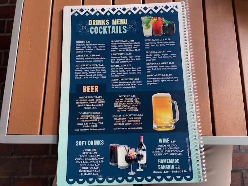 Cocktail and beer menu featuring margaritas and local drafts
