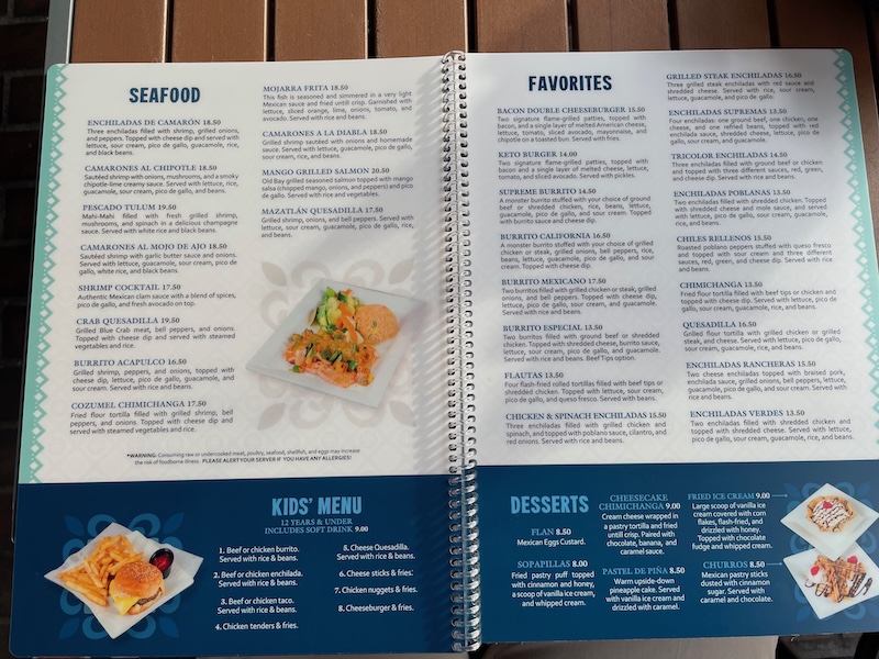 Printed dinner menu with combo platters, fajitas, and sides