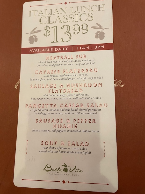 bella vita lunch menu 1
