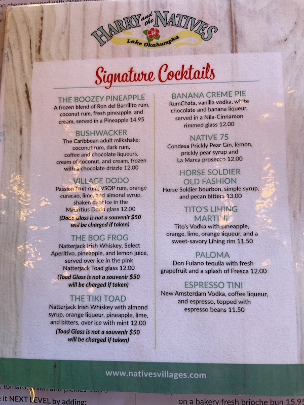 harry and the natives cocktails menu 1