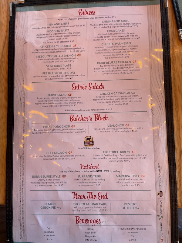 harry and the natives entrees menu 1