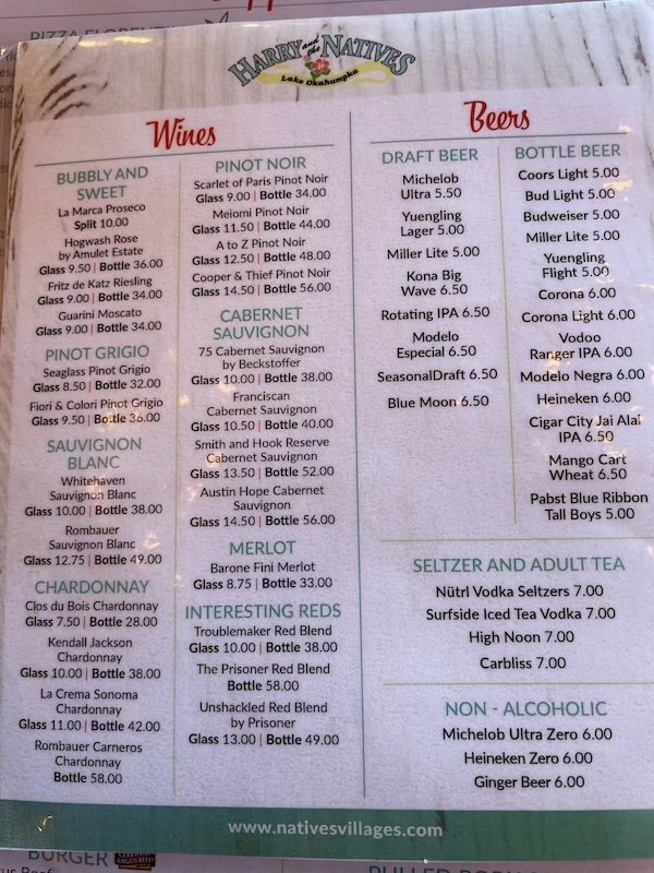 harry and the natives wine beer menu 1