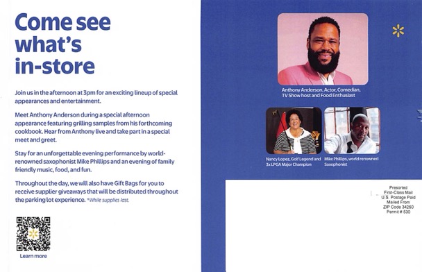 Back of Walmart The Villages grand opening flyer showing Anthony Anderson, Nancy Lopez, and Mike Phillips appearances