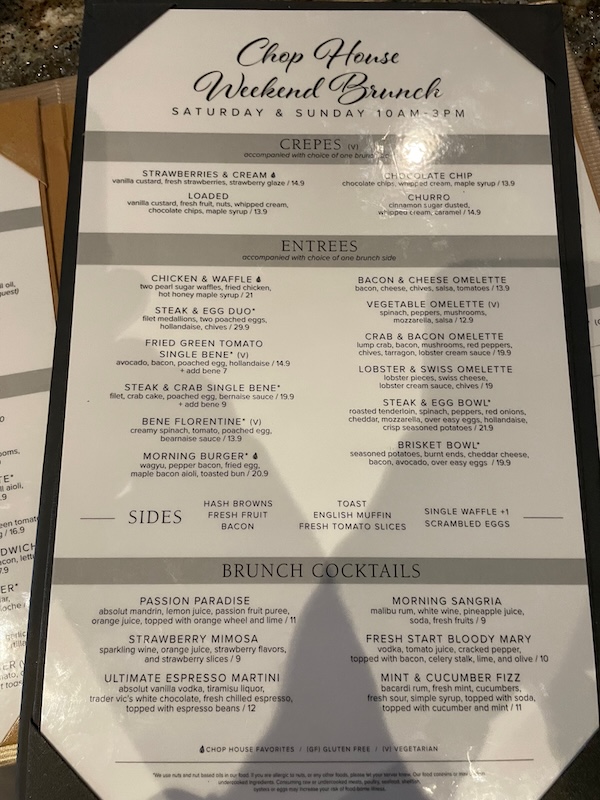 Chop House Sunday brunch menu in The Villages