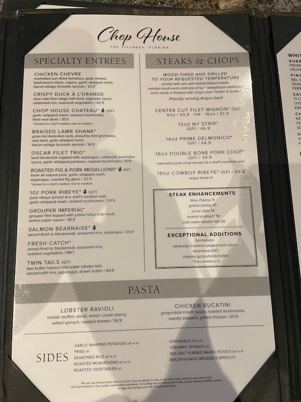 Chop House dinner menu in The Villages